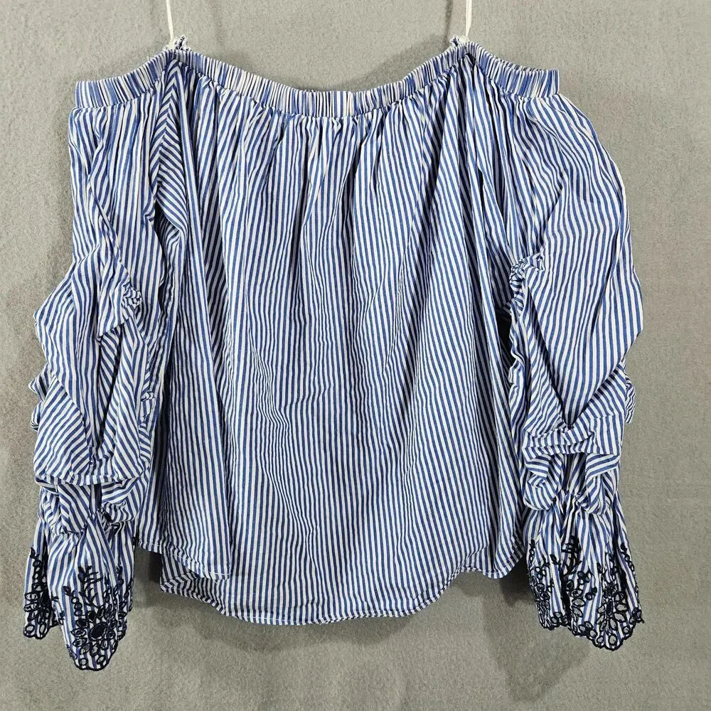 ASTR L Cotton Puff Sleeve Blue Top Matress Stripe Blouse off Shoulder Summer